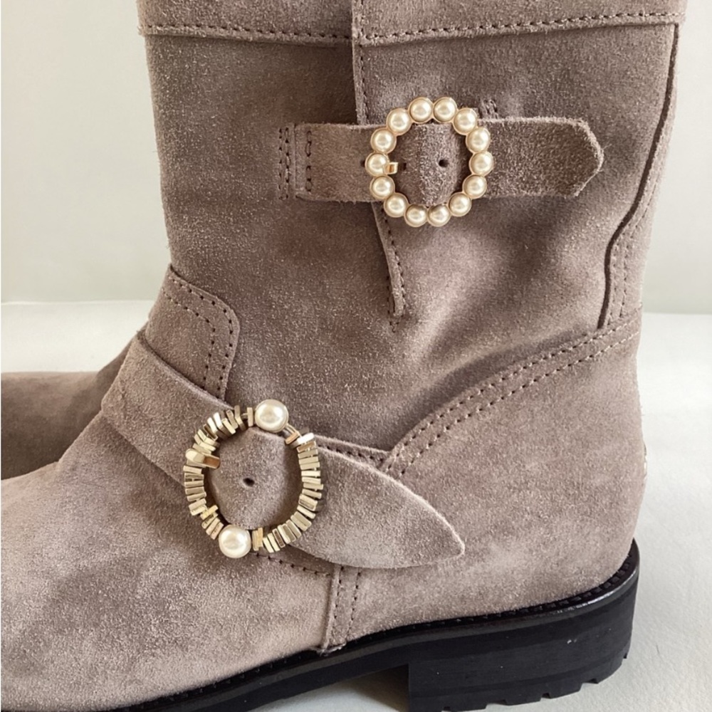 Jimmy Choo Suede Opal Grey Mid-Calf Moto Boots faux peal Multistrap Closure 7 - Picture 7 of 7